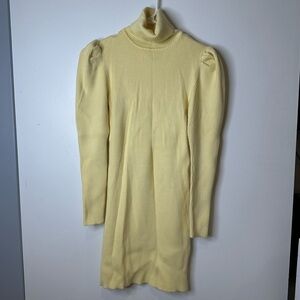 Zara pastel Yellow Ribbed Knit Puff Sleeve Turtleneck Mini Sweater Dress size L